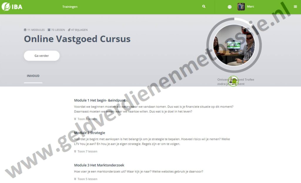 Op deze foto zie je de online omgeving van de IBA Coaching vastgoed cursus