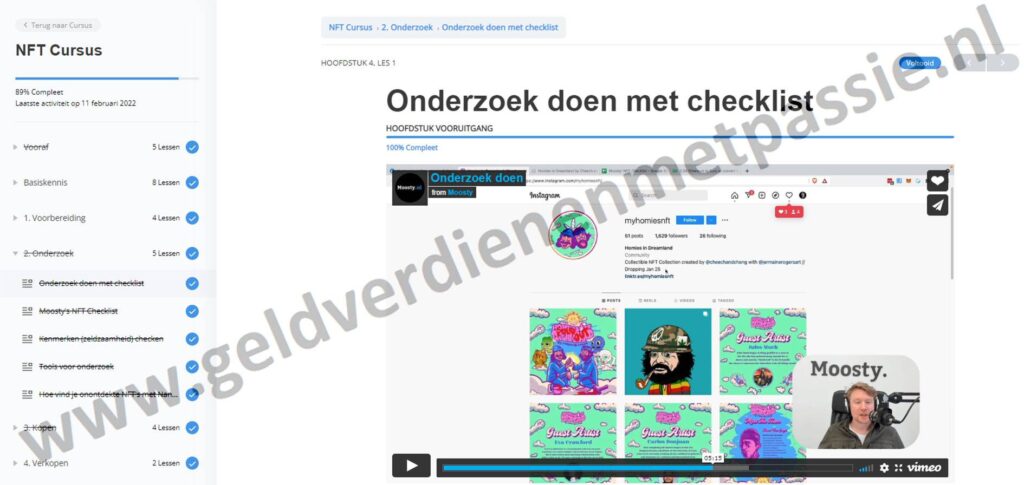 Op deze foto zie je Module 4: Onderzoek van Moosty's NFT cursus