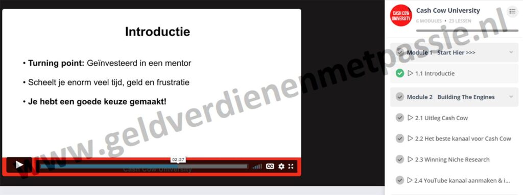 Op deze foto zie je Module #1 – Start Hier >>> van de Cash Cow University
