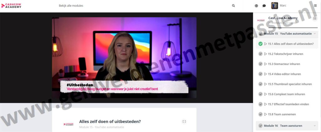 Op deze foto zie je Module 15: YouTube automatisatie van de cash cow academy