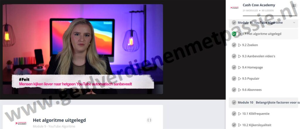 Op deze foto zie je Module 9: YouTube Algoritme van de cash cow academy