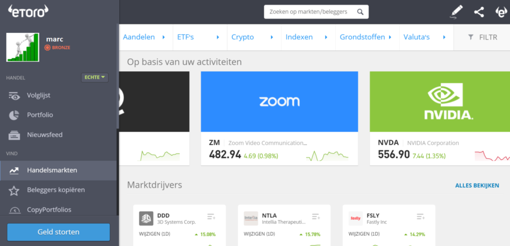 Op deze foto zie het etoro dashboard