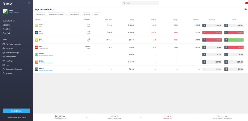 Op deze foto zie je een Virtuele waarde Portefeuille van de gratis etoro demo account