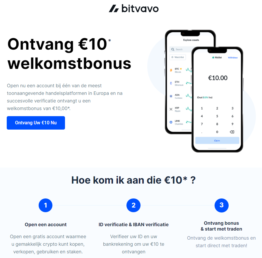 Op deze foto zie je de 1000 euro gratis handelen + Bitvavo €10 tegoed