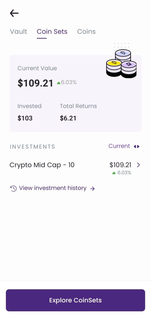 Op deze foto zie je de mudrex coinsets waar je de mudrex 20 dollar gratis kan handelen met de gift code