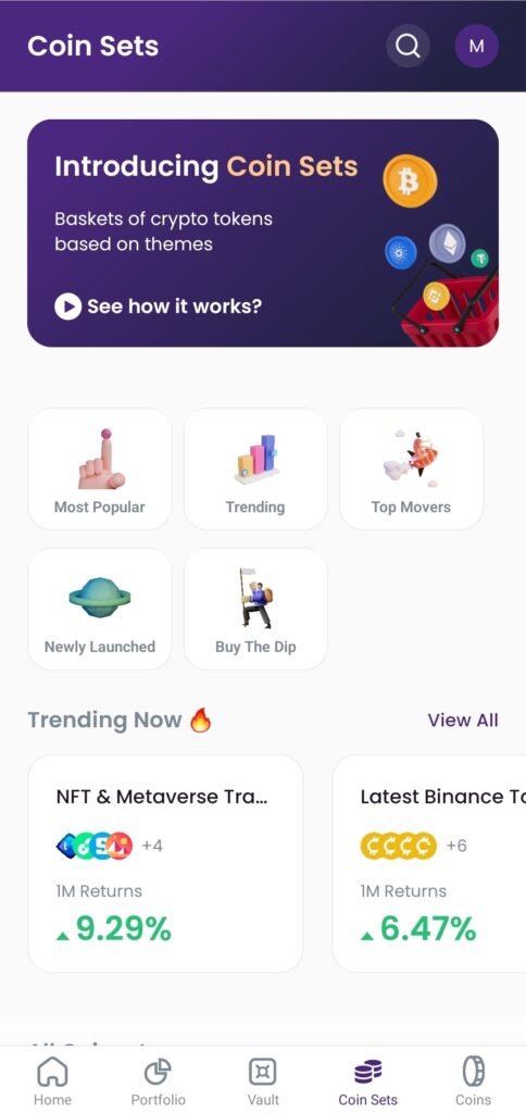 Op deze foto zie je de mudrex coinsets waar je de mudrex 20 dollar gratis kan handelen met de gift code