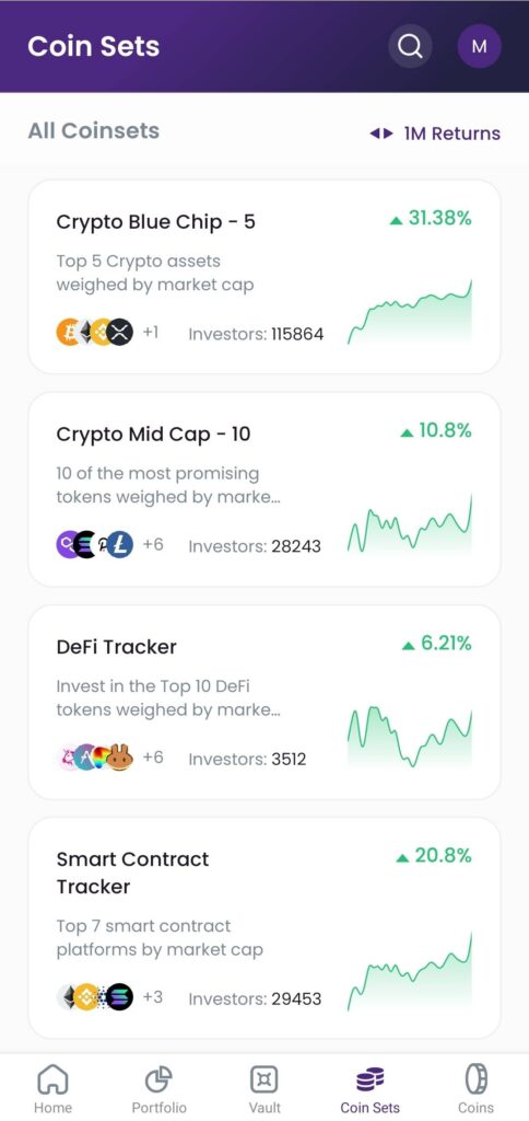 Op deze foto zie je de mudrex coinsets waar je de mudrex 20 dollar gratis kan handelen met de gift code