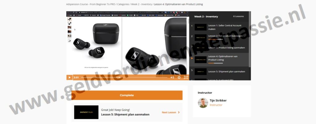 Op deze foto zie je de online omgeving van de Amazon FBA Cursus