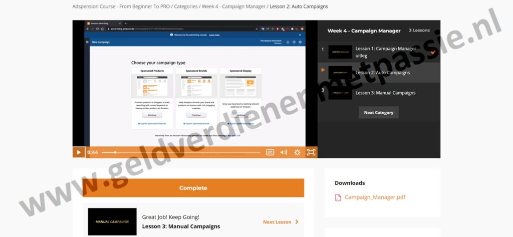 Op deze foto zie je Module #5 - Campaign Manager van de Amazon FBA-cursus
