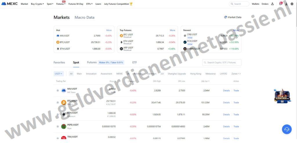 Op deze foto zie je de crypto markt van de mexc global exchange