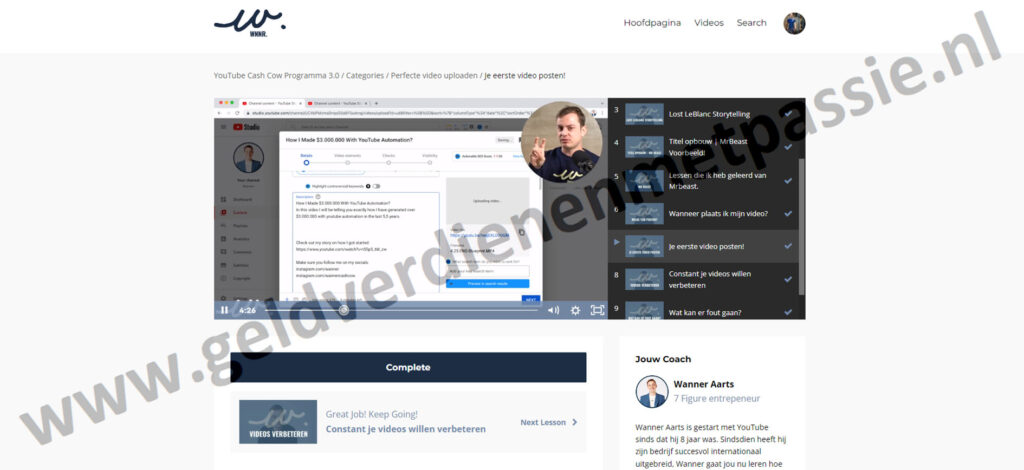 Op deze foto zie je de online cursus omgeving van de Wanner Cash Cow (Wanner Aarts)