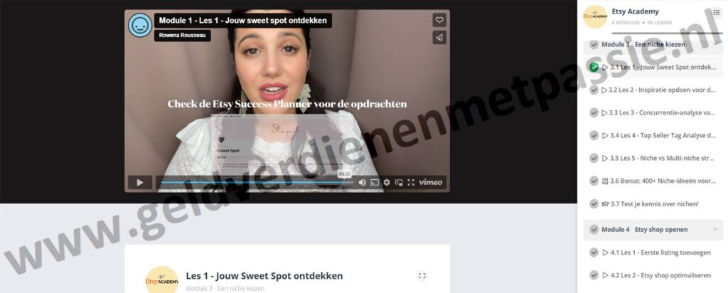 Op deze foto zie je Module 3: Een niche kiezen van de Etsy Academy (Rowena Rousseau)