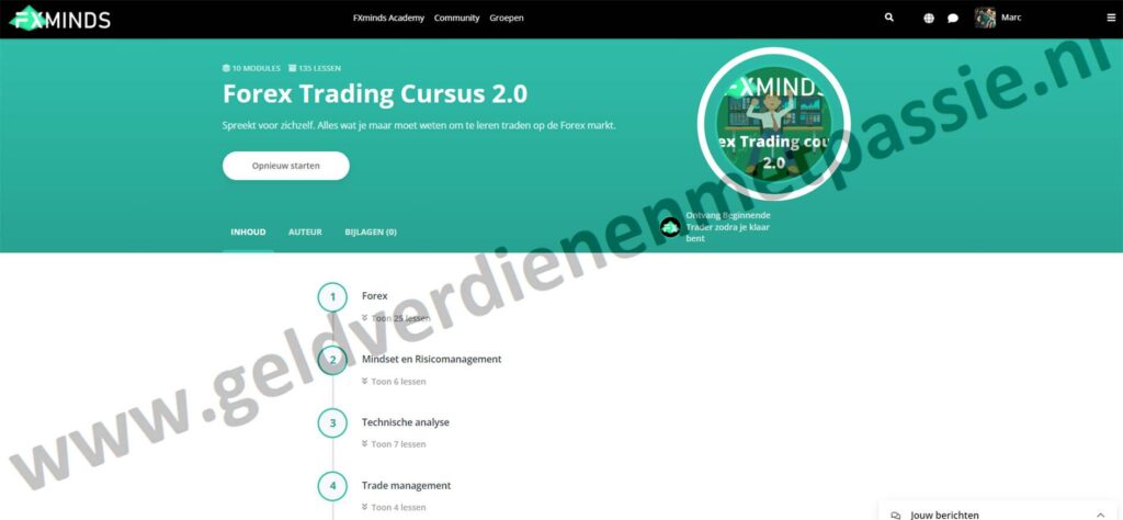 Op deze foto zie je de online omgeving van de FXminds Academy 2.0 uit de FXminds Academy