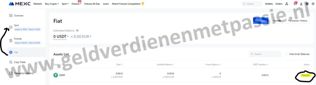 Op deze foto zie je hoe je crypto kunt omzetten op mexc exchange van Fiat > Spot