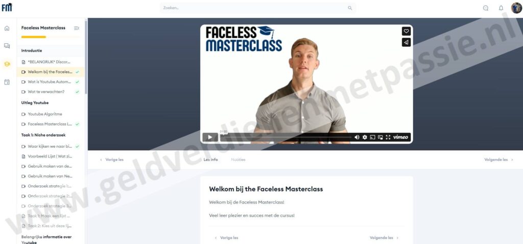 Op deze foto zie je de Module 1: Introductie van de Faceless Masterclass (Rens Arts)