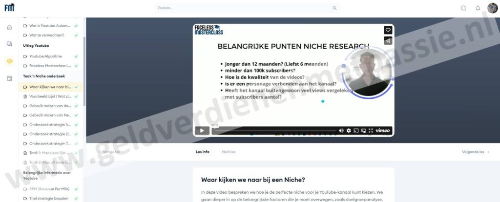 Op deze foto zie je de Module 3: Niche onderzoek van de Faceless Masterclass (Rens Arts)